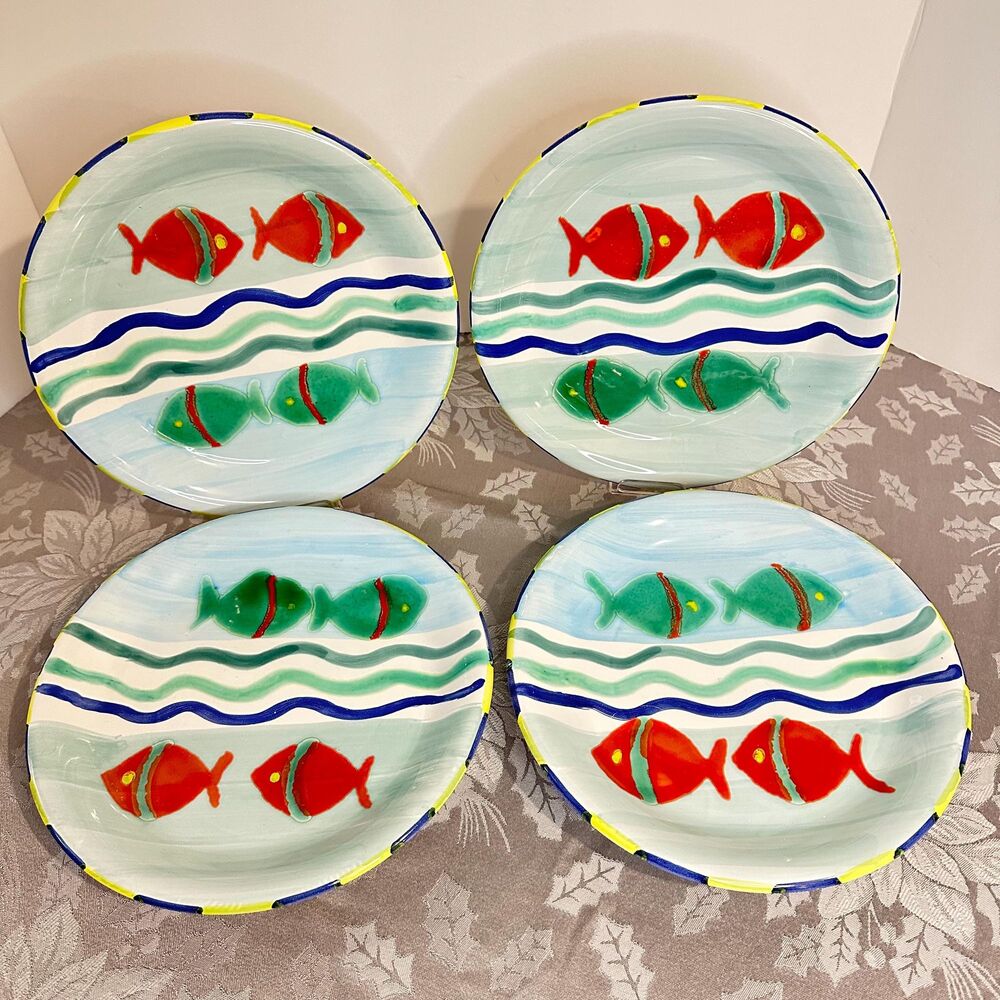 Vintage Italian Ceramic Fish Plates Set of 4 Hand Painted De Simone Style Potter